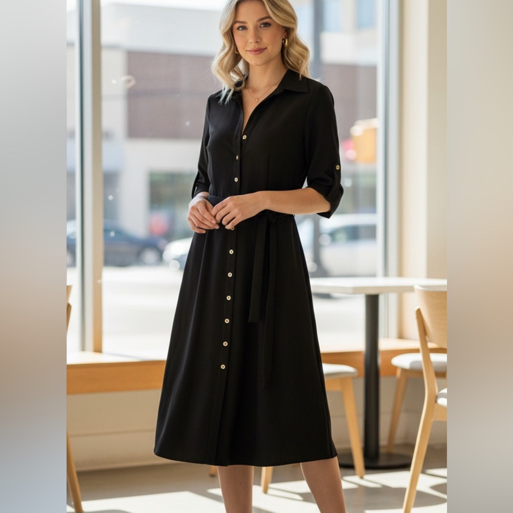 Sharagano Black Button-Front Midi Shirt Dress with Tie Waist